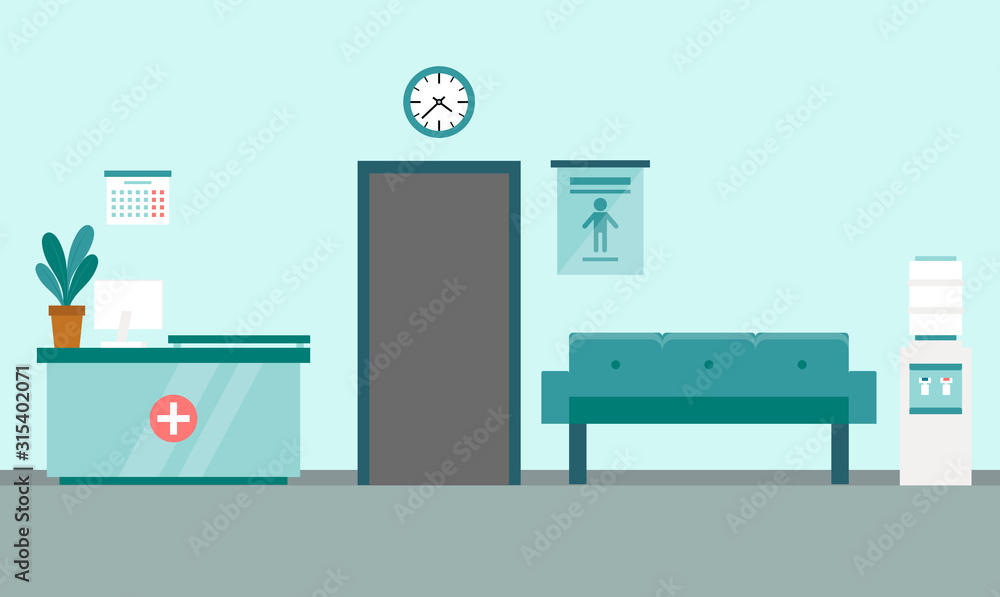 Healthcare and medicine concept. Modern medical clinic reception interior with furniture. Flat style. Vector illustration Healthcare and medicine concept. Modern medical clinic reception interior with furniture. Flat style. Vector illustration