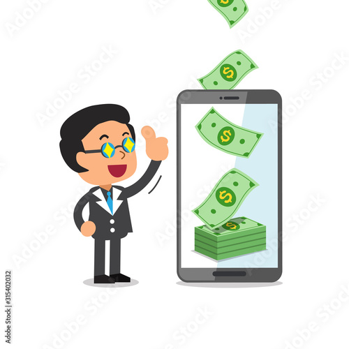 Business concept cartoon smartphone help businessman to earn money for design.