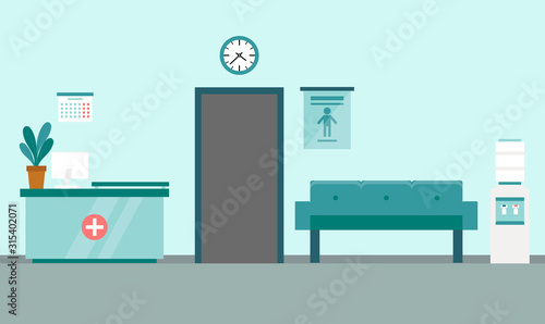 Healthcare and medicine concept. Modern medical clinic reception interior with furniture. Flat style. Vector illustration