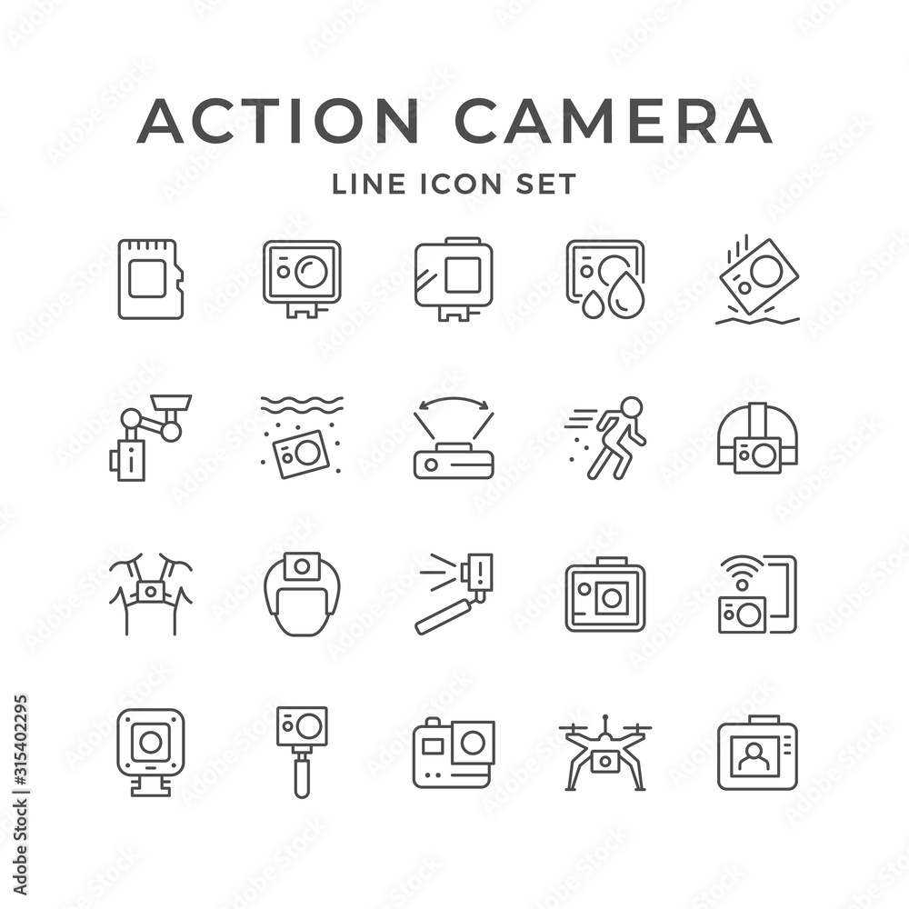Set line icons of action camera