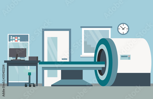 Magnetic Resonance Therapy Cabinet. Diagnostic Equipment to Scan Patients For Magnetic Resonance Imaging Machine MRI Computed Tomography At Hospital. Flat Style. Vector Illustration