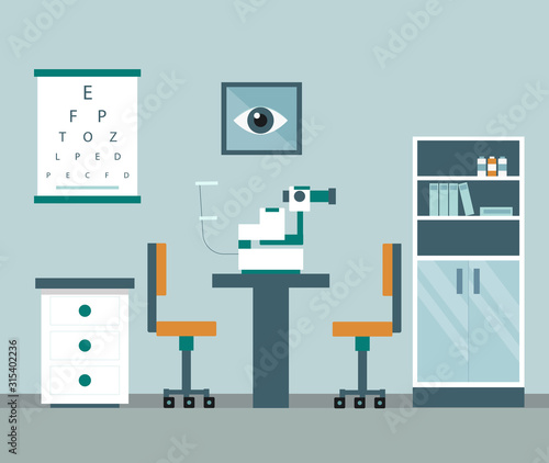 Medical And Healthcare Concept. Ophthalmology Cabinet And Equipment For Examining Patients Eyesight. Flat style. Vector Illustration