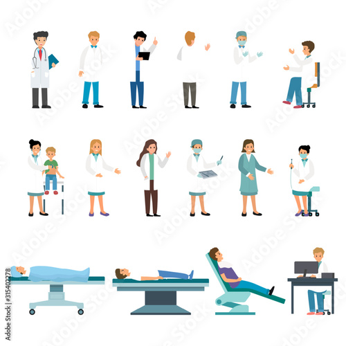 Medical Team Concept. Group Of Doctors, Nurses And Patients Set Isolated On The White Background. Flat Style. Vector Illustration