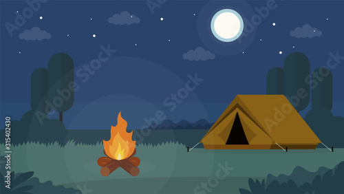 Travel and holiday concept. Tent and camp fire at night. Flat style. Vector illustration