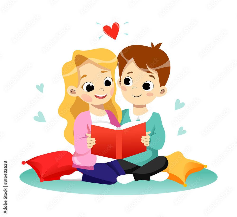 Children Education Concept. Happy Cute Cartoon Boy And Girl Are Reading The Book. Flat style. Vector Illustration