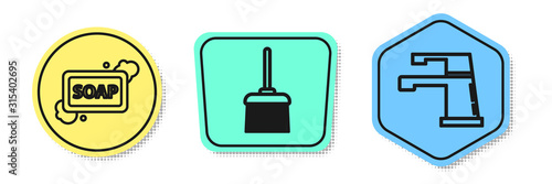 Set line Bar of soap with foam , Handle broom and Water tap . Colored shapes. Vector