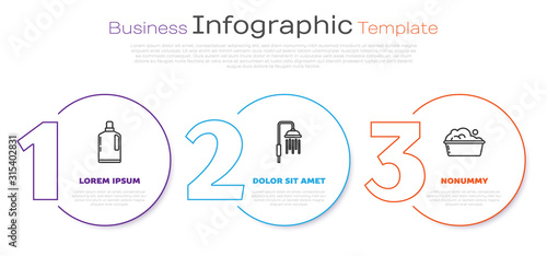 Set line Plastic bottles for liquid dishwashing liquid, Shower head with water drops flowing and Plastic basin with soap suds . Business infographic template. Vector