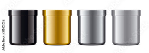 Set of plastic Jars. Metalized surface version. Gold, Silver, Grey, Black colors. 