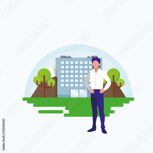 Isolated avatar man in front of a building vector design