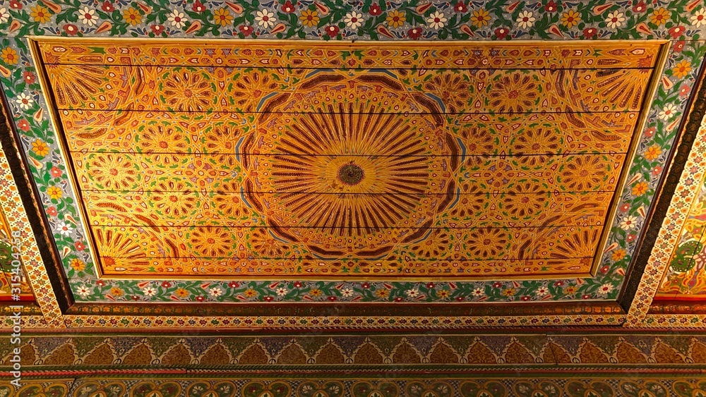 Design and pattern on the ceiling of Bahia Palace in Marrakech Medina, Morocco