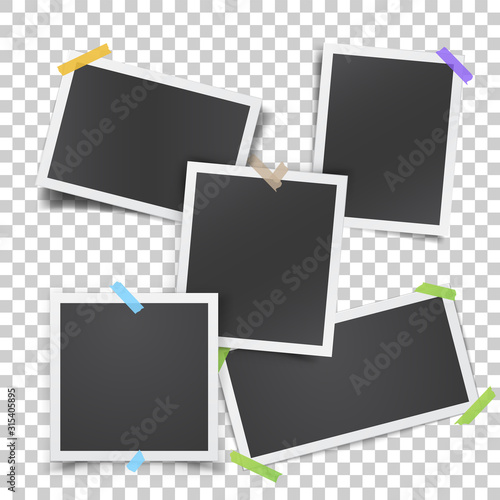 Realistic template with paper photo frames glued with adhesive tape
