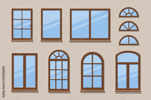 Windows brown various frames collection. Wooden window types in the wall