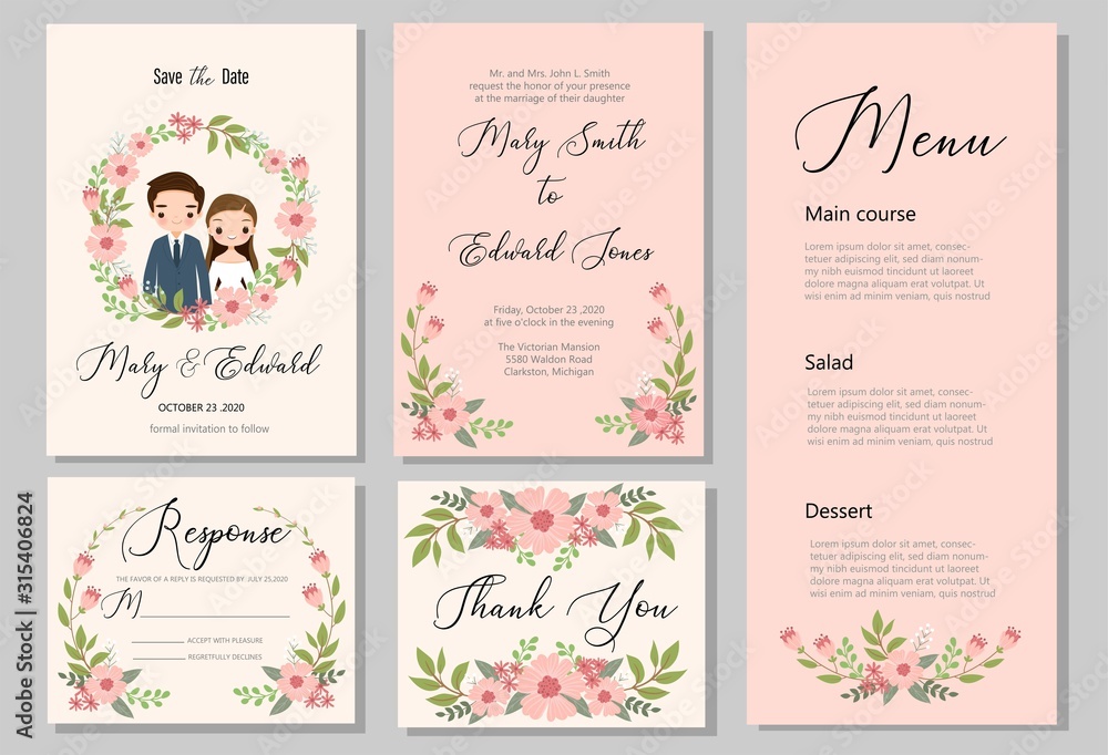 Save the Date,wedding invitation card template,RSVP,Thank you card set