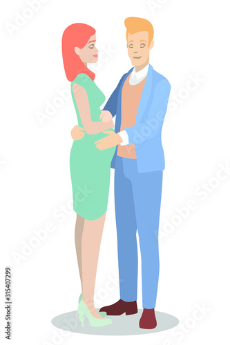 A young white guy touches a pregnant girl by the belly. Ideal for social advertising and presentations.