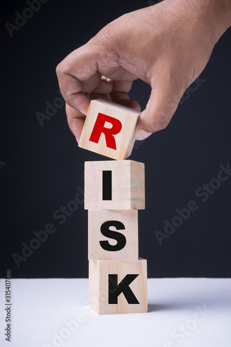 Financial risk assessment, risk reward and portfolio risk management concept. Blocks of wood cubes arranged creatively to depict the concept. Letters R, I, S, K on cubes.