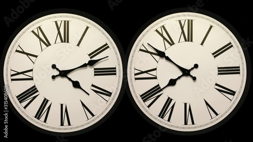Two identical timelapse clock faces one going forward and the other backwards at the same speed through 12 hours. Two identical clocks but going in opposite directions.