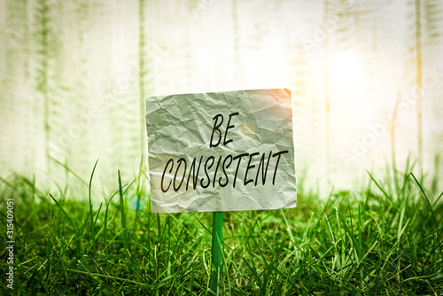 Conceptual hand writing showing Be Consistent. Concept meaning Uniform Persistent Firm Unalterable Even Unchanging Rapport Plain paper attached to stick and placed in the grassy land photo