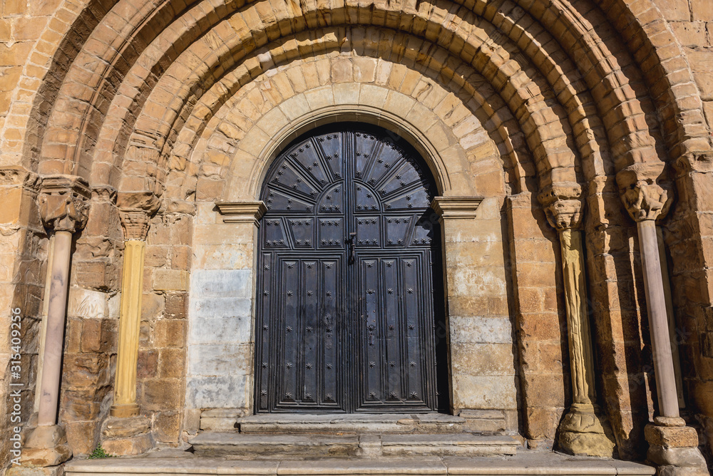 Close up on a portal of Santa Juliana Church and monastery in Santillana del Mar town, Spain