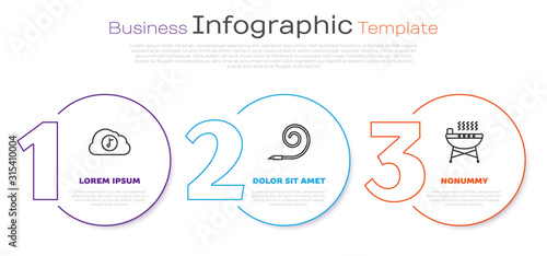 Set line Music streaming service , Birthday party horn and Barbecue grill . Business infographic template. Vector