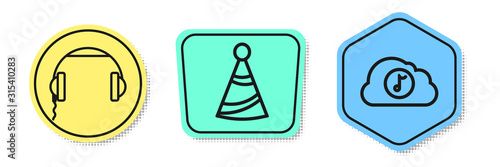 Set line Headphones , Party hat and Music streaming service . Colored shapes. Vector