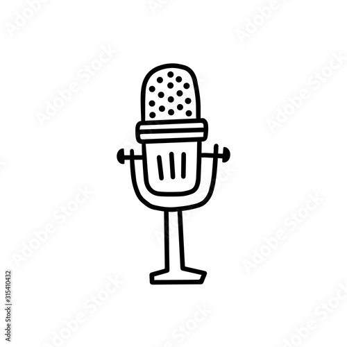 Illustration of doodle microphone. Hand drawn cartoon doodle style. Simple brush strokes. Skethc microphone graphic design for card, poster, postcard, sticker, tee shirt. Vector illustration.
