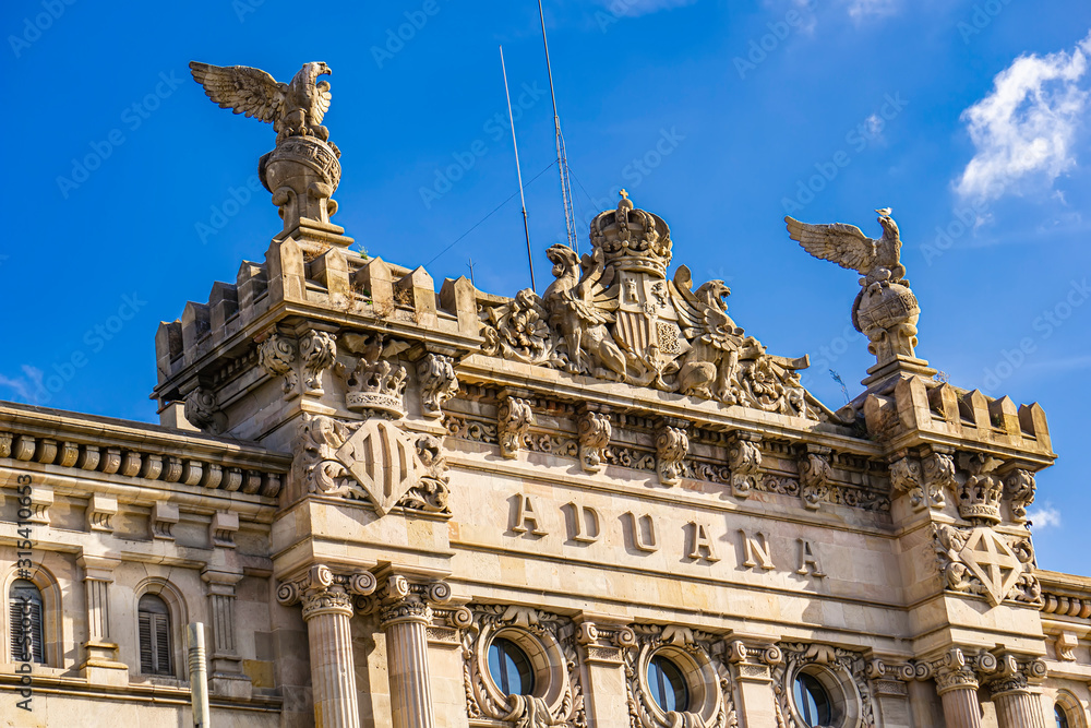 Aduana de Barcelona, old neoclassical customs building in at Port Vell in Barcelona, Spain