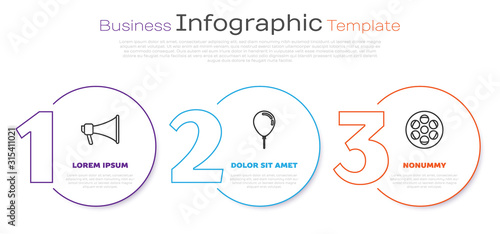 Set line Megaphone , Balloon with ribbon and Film reel . Business infographic template. Vector