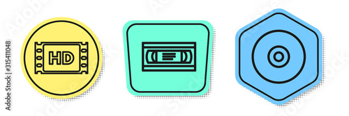 Set line 4k movie, tape, frame , VHS video cassette tape and CD or DVD disk . Colored shapes. Vector