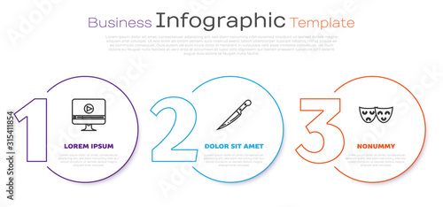 Set line Online play video , Knife and Comedy and tragedy theatrical masks . Business infographic template. Vector