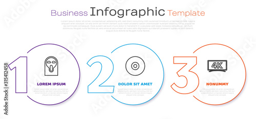 Set line Funny and scary ghost mask, CD or DVD disk and Screen tv with 4k Ultra HD video technology . Business infographic template. Vector