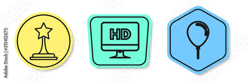 Set line Movie trophy , Computer PC monitor with HD video technology and Balloon with ribbon . Colored shapes. Vector