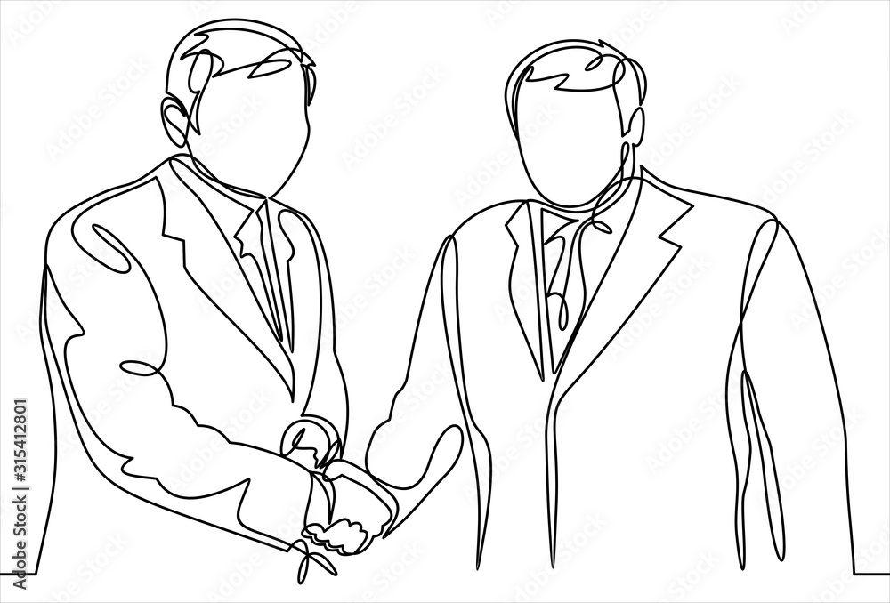 One line drawing of two businessmen in suitcase shaking hand and agree to deal a project. Single line drawing of business concept. Vector illustration graphic One line drawing of two businessmen in suitcase shaking hand and agree to deal a project. Single line drawing of business concept. Vector illustration graphic