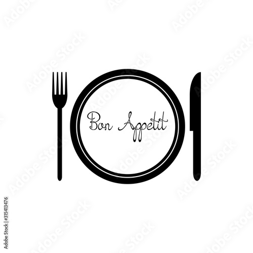 Fork, plate and knife flat vector illustration isolated on a white background.Restaurant,cafe logo.