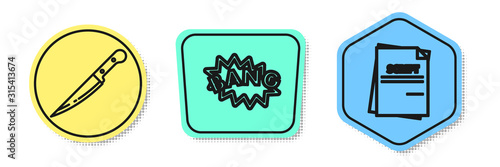Set line Knife , Bang boom text speech bubble balloon and Scenario . Colored shapes. Vector