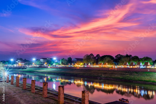 Natural evening at view the Nan River and  the park for relaxing walking jogging and exercise at sunset in Phitsanulok City  Thailand.