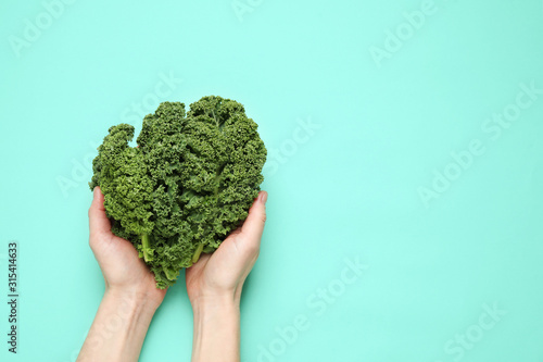 Woman holding fresh kale leaves on turquoise background, top view. Space for text