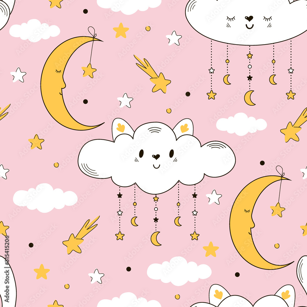 stock vector seamless pattern with cute clouds moon and stars for gift wrap textile or book covers wallpapers