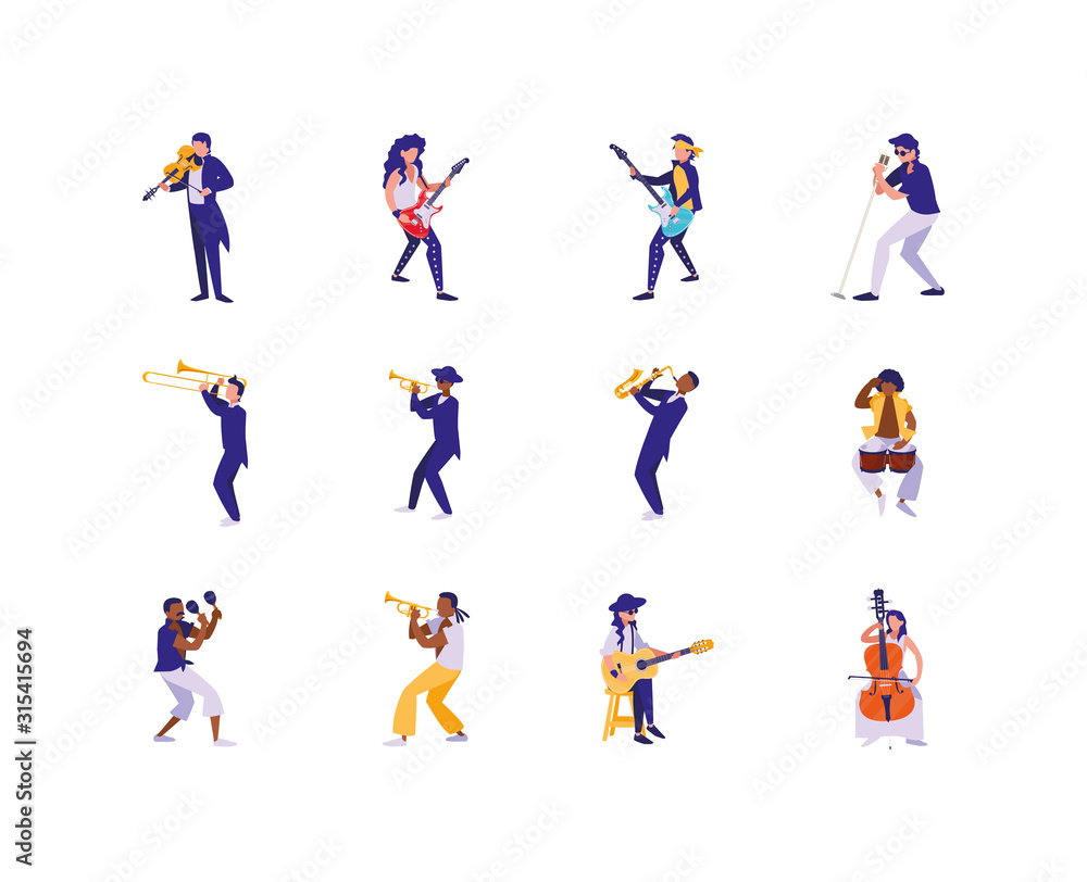 Isolated musicians with music instruments icon set vector design