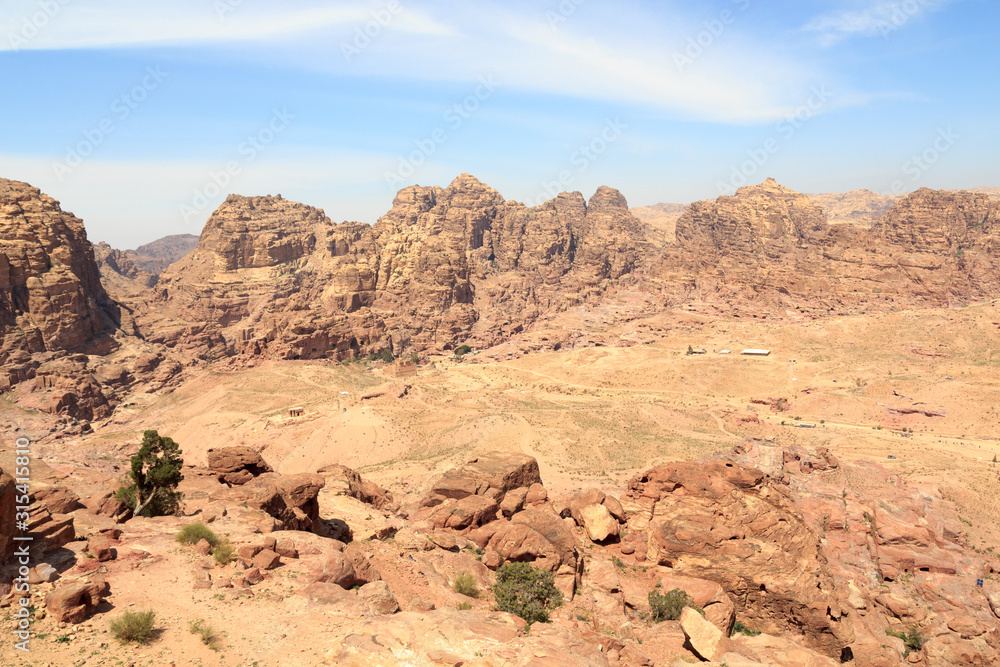 Panorama of ancient city of Petra seen from High place of sacrifice in Jordan