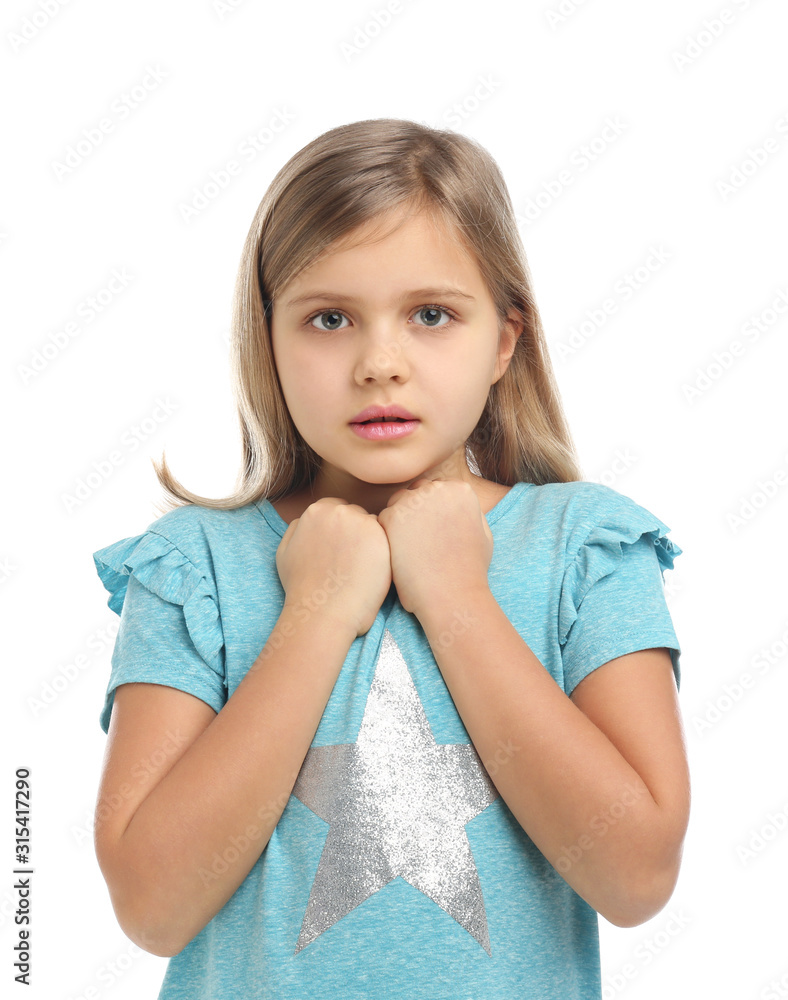 Scared little girl wearing casual outfit on white background Scared little girl wearing casual outfit on white background