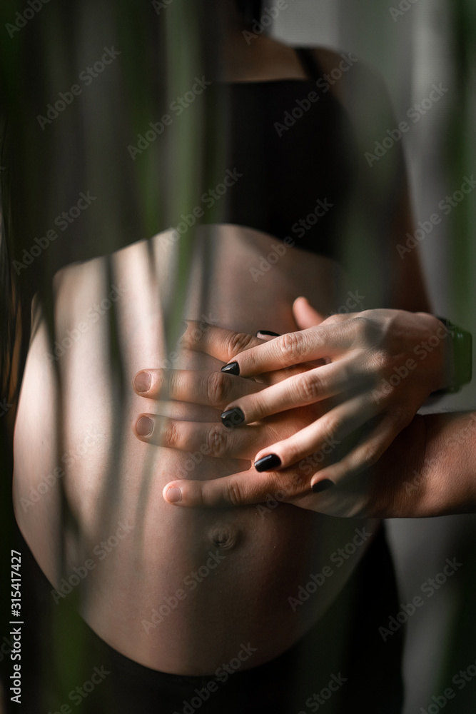 Romantic couple expecting baby, holding hands and touching foreheads while standing together on belly against window at home. Pregnancy, maternity, preparation and expectation concept. closeup