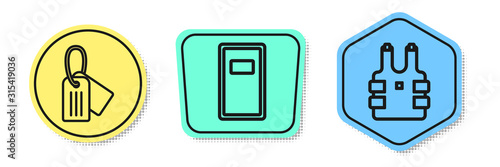 Set line Military dog tag , Police assault shield and Bulletproof vest for protection from bullets . Colored shapes. Vector