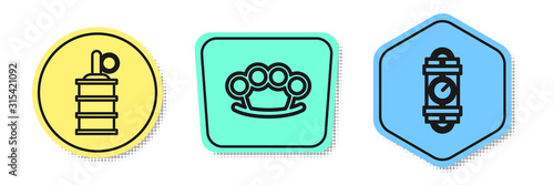 Set line Hand grenade , Brass knuckles and Detonate dynamite bomb stick and timer clock. Colored shapes. Vector
