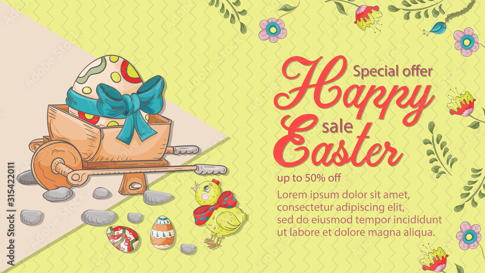 Easter banner discount special offer in the style of childrens Doodle illustration