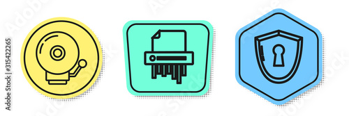 Set line Ringing alarm bell , Paper shredder confidential and Shield with keyhole . Colored shapes. Vector