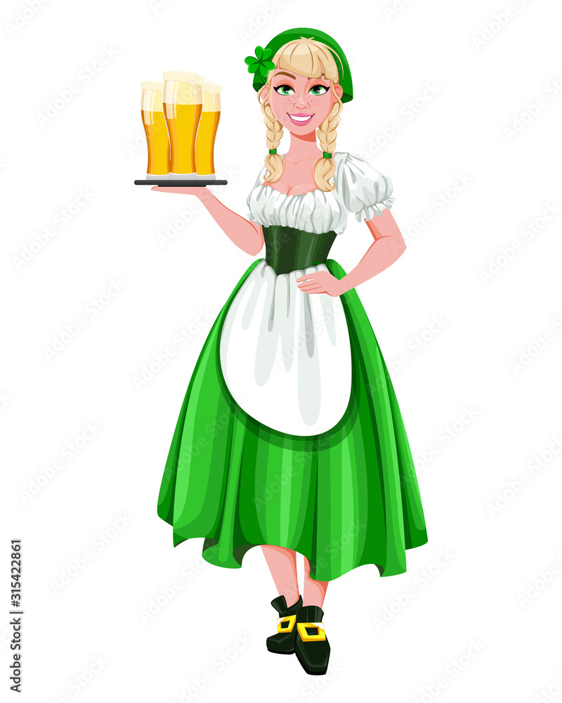 Young girl holding three glasses of beer Young girl holding three glasses of beer