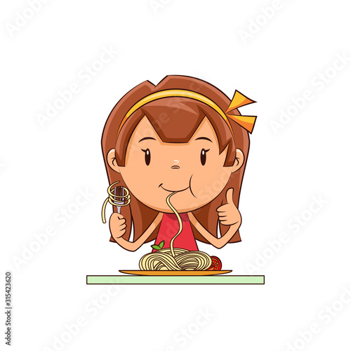 Girl eating pasta, vegetable spaghetti