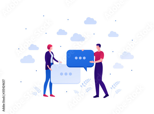 Business teamwork concept. Vector flat person illustration. Couple of male and female holding talk bubble commucation sign isolated on white. Design element for banner, background, infographic. photo