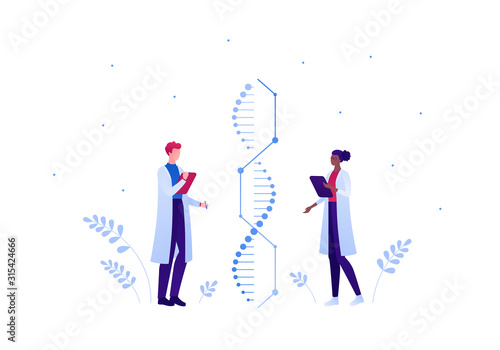 Genetic science and medicine concept. Vector flat medical person illustration. Doctor and scientist people team of man and woman with gene dna helix sign. Design element for scientific banner, poster.