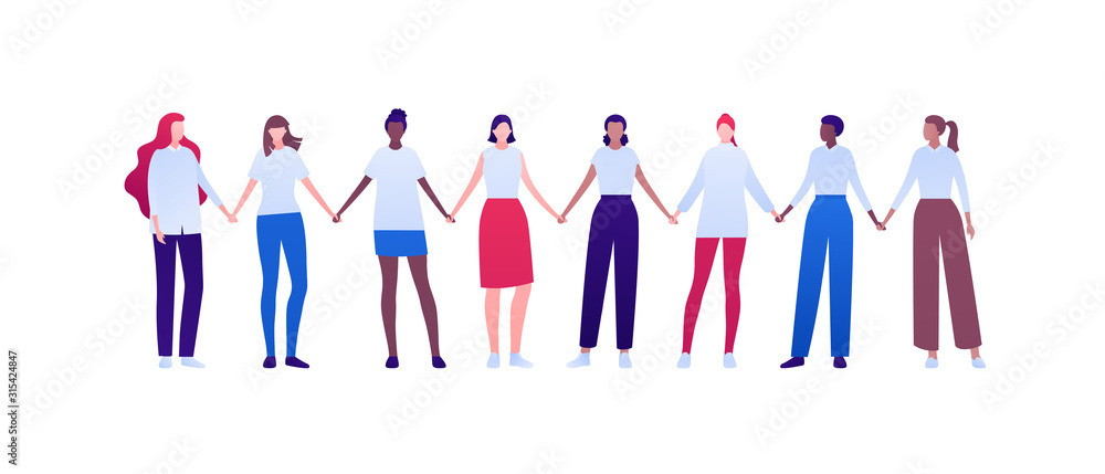 Women empowerment feminist concept. Vector flat person modern illustration. Group of various ethnic woman holding hands isolated on white background. Design element for diversity banner, card, poster. Women empowerment feminist concept. Vector flat person modern illustration. Group of various ethnic woman holding hands isolated on white background. Design element for diversity banner, card, poster.